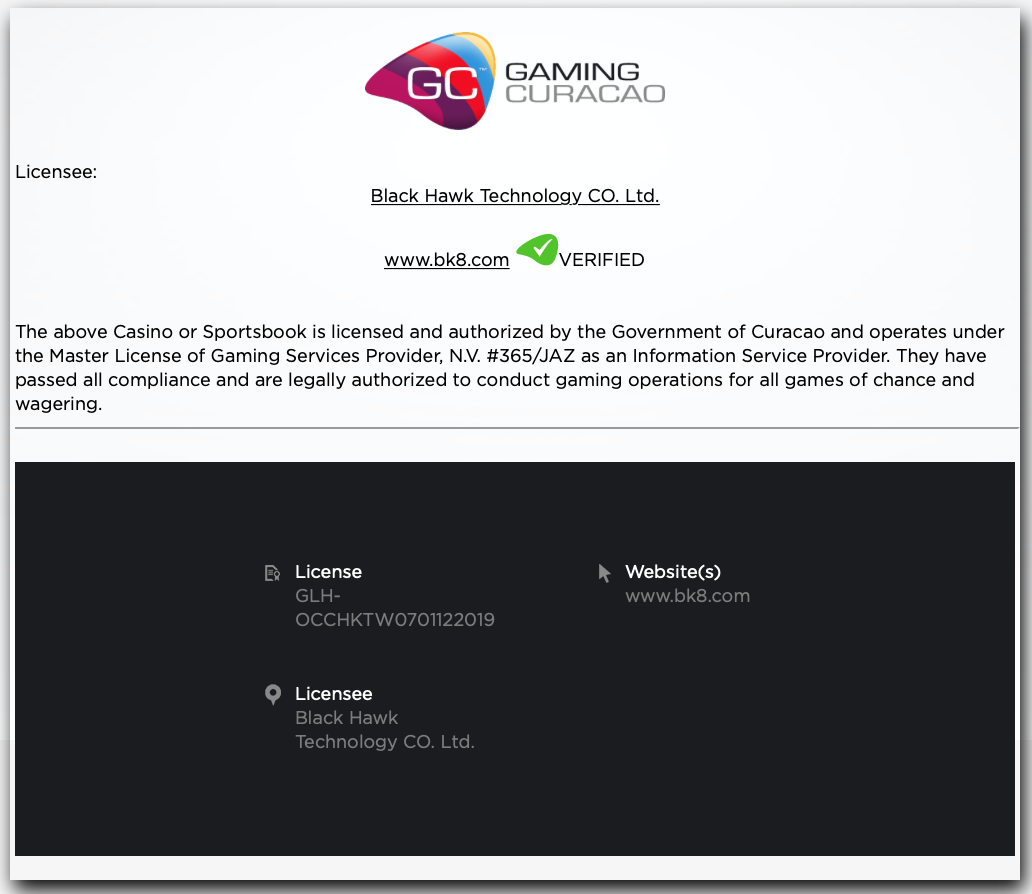 ใบอนุญาตเว็บพนันออนไลน์ BK8 จาก Gaming Curacao